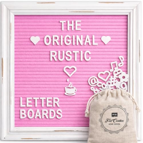 Pink Felt Letter Board Baby Announcement Sign with Rustic Wood White Frame - Rustic Farmhouse Letter Board Sign with Stand - 10x10 Felt Board Changeable Message Board with 350 Letter Set