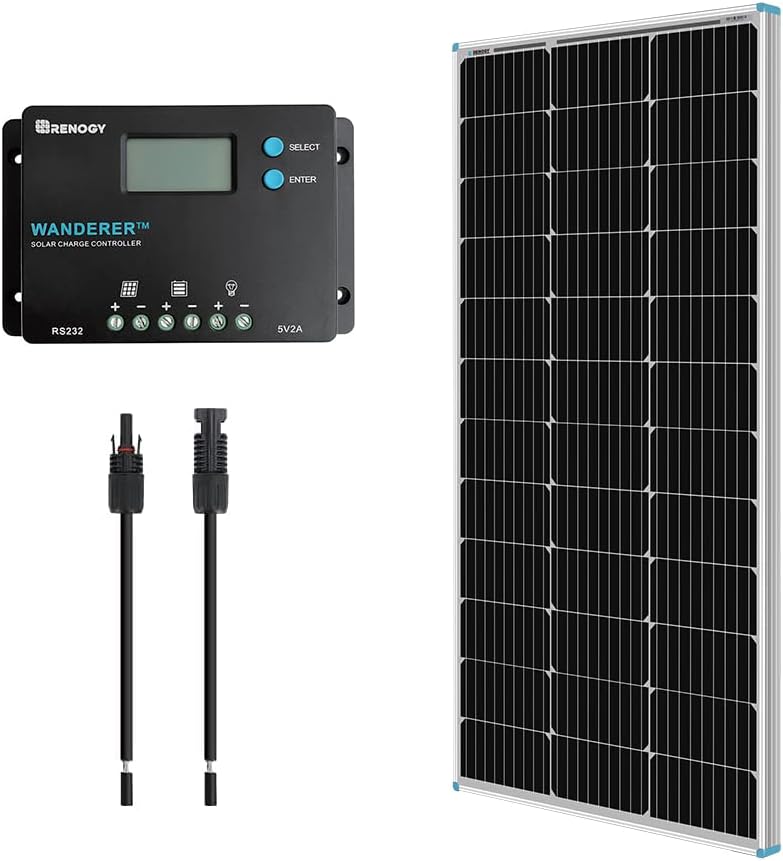 Renogy 100 Watt 12 Volt Solar Panel Bundle Kit with 100W Monocrystalline Solar Panel + 10A PWM Charge Controller + Adaptor Kit for RV Boats Trailer Off-Grid System
