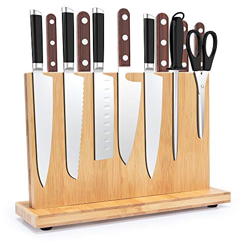 Magnetic Knife Block,Bamboo knife storage Holder stand,Knives organizer shelf rack with double sided powerful magnetic, Large Capacity Kitchen Cutlery Display Stand (12 inch)