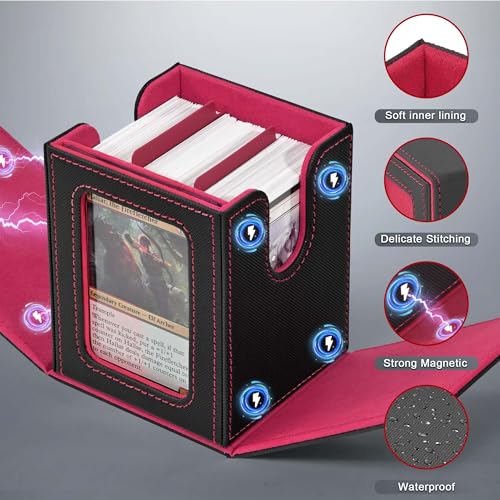 Image of ZLCA MTG Deck Box with Commander Window Display, Trading Card Storage Box Holds 100 Double-Sleeved Cards Suitable for TCG /CCG /PTCG /EDH /Magic /Sport Cards (Black&Red)