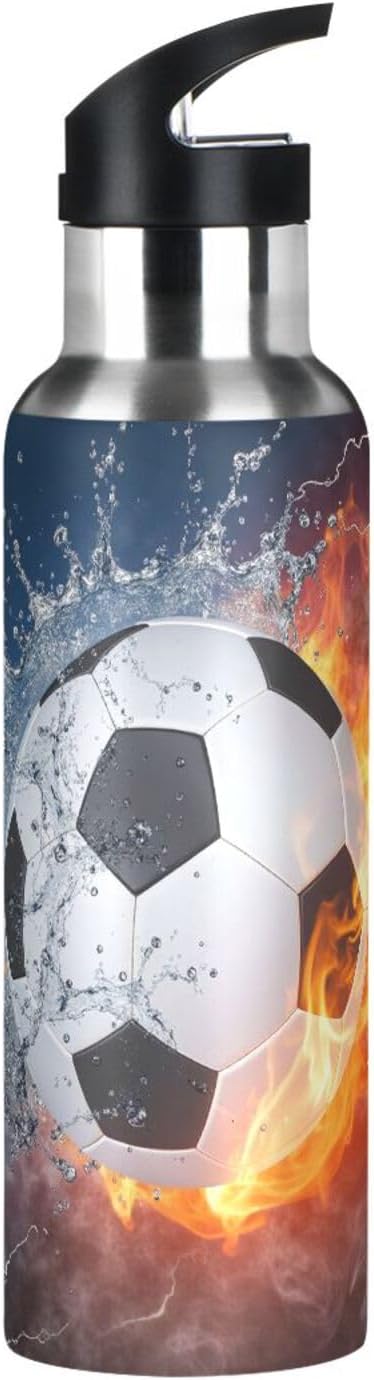 Soccer Water Bottles for Boys Kids Soccer Ball Bottle with Straw Lid Water Fire Football Insulated Stainless Steel Water Flask Leakproof Bottle for Gym Outdoor 20 oz - Image 4