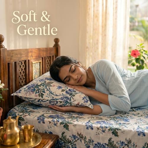 Image of Mafatlal Saanjh 144 TC Single Bed Sheet Cotton 90x60 Inch | Pure Cotton Bedding Set | Floral Printed Bed Cover | Lightweight Breathable Comfort | Block Printed | Pillow Cover Included | Prime Blue