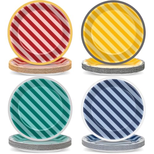 MinFyberd 48PCS Red Green Blue Yellow Party Supplies Striped Paper Plates Disposable Striped Tableware Set for Party Theme Birthday Holidays Party Favors Decorations
