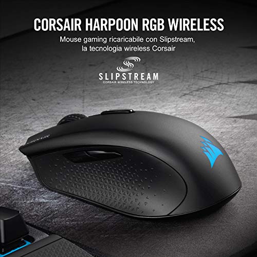 Corsair Harpoon Wireless Rgb Mouse Ottico da Gioco, Ricaricabile, con Tecnologia Slipstream, Sensore Ottico 10000 Dpi, Retroilluminazione a LED Rgb, Nero