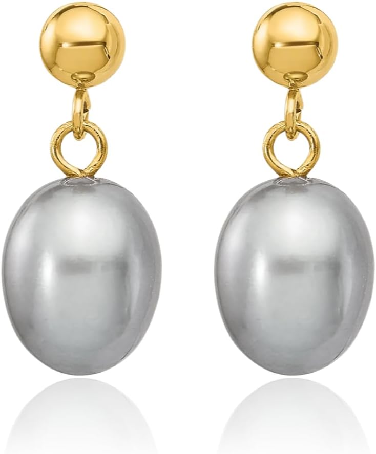 IceCarats 14K Yellow Gold Lightweight 7mm Freshwater Grey Pearl Small Dangle Earrings Prong Set, Butterfly Back For Her