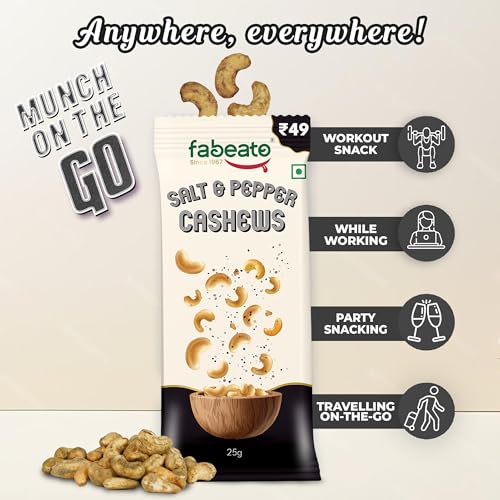 Image of Fabeato Munch on the Go Snack Premium Salt and Pepper Cashews | Crunchy| Protein-Packed Each Pouch 25g | Pack of 10