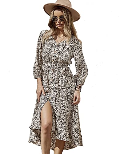 Roll Up Fashion Women's Girls Spring Summer Floral Midi Dress Ruffle Hem Puff Sleeves Cute Trendy Dresses