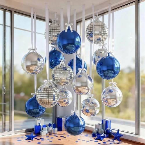Image of 9 Pcs Blue Silver Round Foil Balloons Dark Navy Blue Metallic Silver Disco 4D Ball Balloons 22 In Ornament Mylar Balloon for Birthday Graduation Wedding Anniversary Retro Disco Prom Party Decor