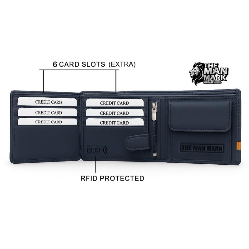 Image of Mens Wallets - Full Grain Original Leather RFID Wallet for Men, 9 Card Slots, 3 ID Windows, Stylish and Secure Card & Cash Holder (Large, Navy Blue)