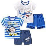 NautySaurs Toddler Boys 4 Pieces T-shirts and Shorts Summer Outfit Striped Short Set White+Blue,18 Months