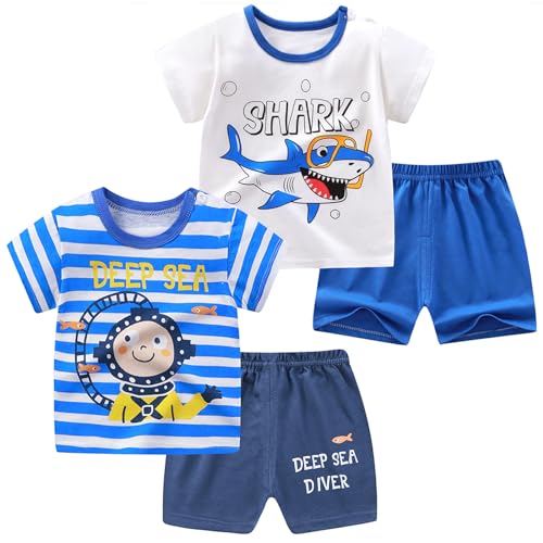 Image of NautySaurs Toddler Boys 4 Pieces T-shirts and Shorts Summer Outfit Striped Short Set White+Blue,18 Months