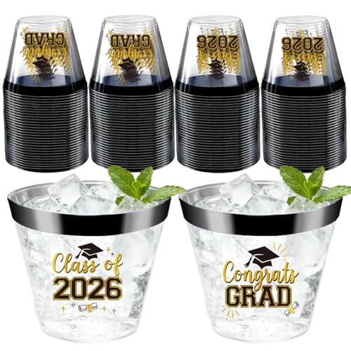 CUPLOOV Graduation Cups 2026 Plastic Cups Disposable 9 Oz 50 PCS Class of 2026 Decoration Cups Black and Gold Congrats Grad Party Cups Elegant Drinkware for Grad Festivities Graduation Party Favors