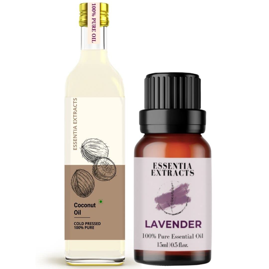 ESSENTIA EXTRACTS Combo Of Lavender Essential Oil & Cold-Pressed Coconut Oil, 115ML (15ML +100ML), Natural & Pure, Dry Skin, Scars, Hair Care
