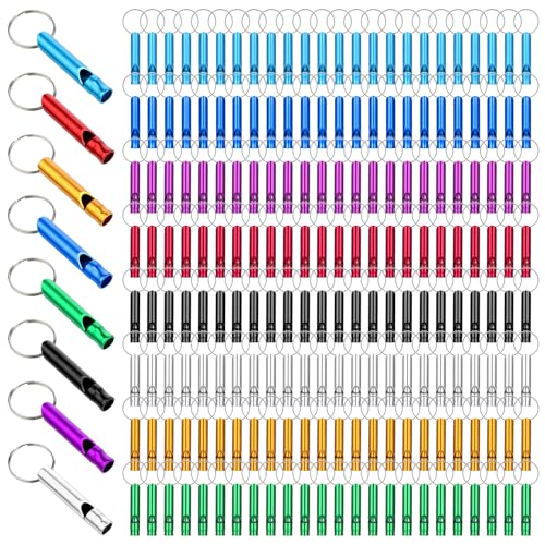 Aphumedc 200Pcs Emergency Whistles with Keychains Aluminum Extra Loud Survival Whistle Whistle Bulk for Camping Hiking Hunting Boating Training Outdoor Sports Multicolor
