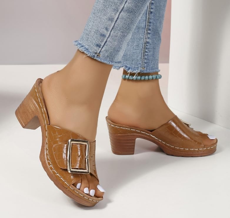 Women's Summer Crocodile Pattern Chunky Heel Sandals - Fashionable Roman Strap High Heeled Slippers with Adjustable Buckle3