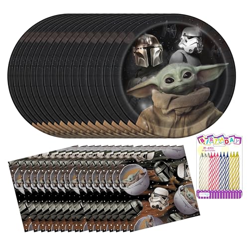 Assiettes et serviettes Grogu pour fête d'anniversaire thème Mandalorian 16 personnes