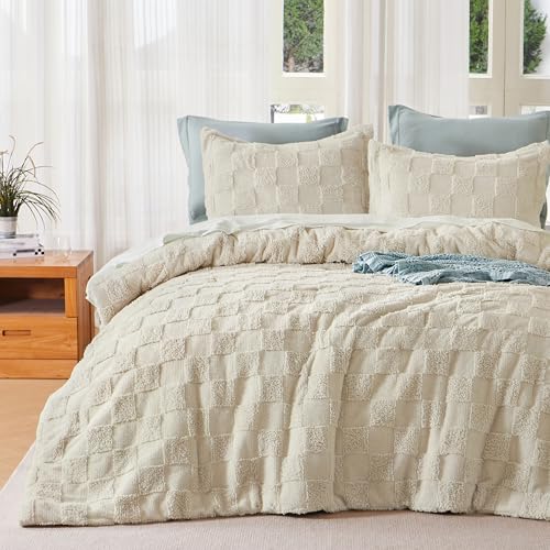 Joiedomi Queen Comforter Set 3 Pieces Beige Boho Queen Bedding Set with 1 Plaid Geometric Comforter and 2 Pillow Shams Checkered Bed in a Bag for All Seasons