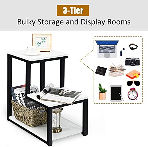 Image of 3 Tier Sofa Side Table, Modern Coffee Table Nightstands with Metal Frame and White MDF Desktop for Living Room Bed Room Decor (Black White)
