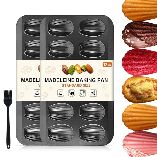 OAMCEG 2 Pack Madeleine Pan with Silicone Brush 12 Cup Heavy Duty Shell Shape Madeline Tray Nonstick Carbon Steel Cookie Cake Scone Pan Baking Mold for Oven Baking - (Gray)
