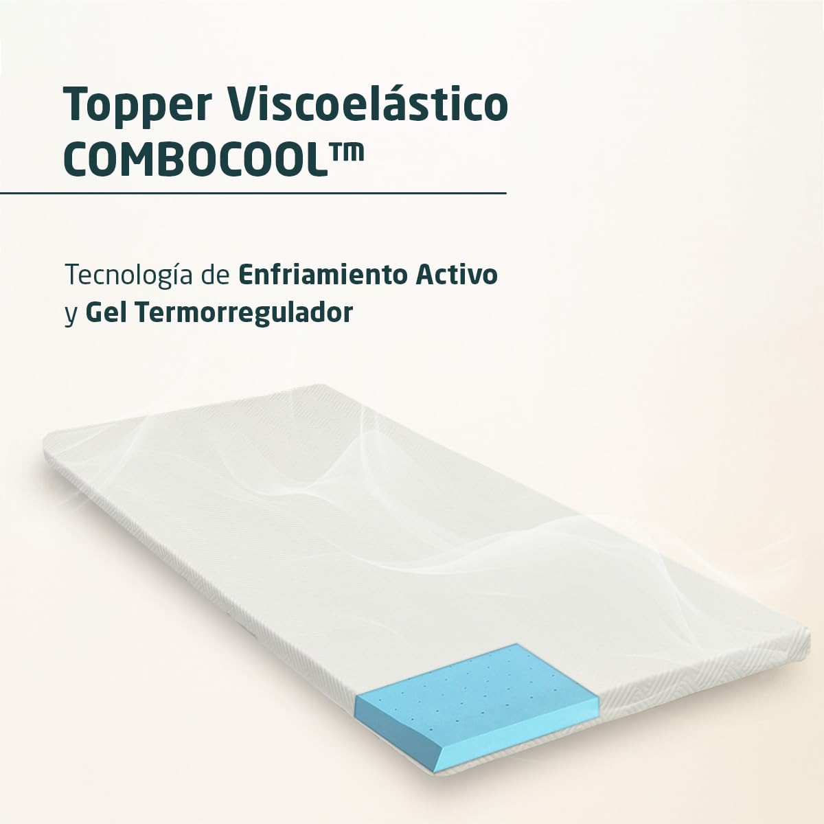 Topper Viscoelástico COMBOCOOL™ 80 x 190 cm – Sobrecolchón único con Enfriamiento Activo – Funda Fresh Lavable y Elásticos Reforzados – 5 cm de Grosor – Certificación Oeko-Tex