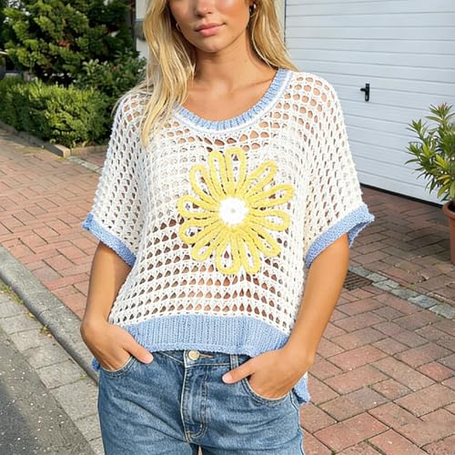 Image of Women Floral Crochet Sweater Short Sleeve Crewneck Hollow Out Lightweight Knit Pullover Tops 2025 Summer Beach Cover Ups