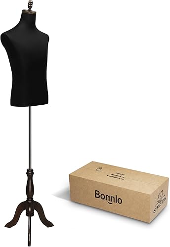 Miniatura 7 de Bonnlo Forma de vestido masculino, maniquí masculino con trípode de madera, cuerpo de torso de altura ajustable para exhibición y costura (seda)