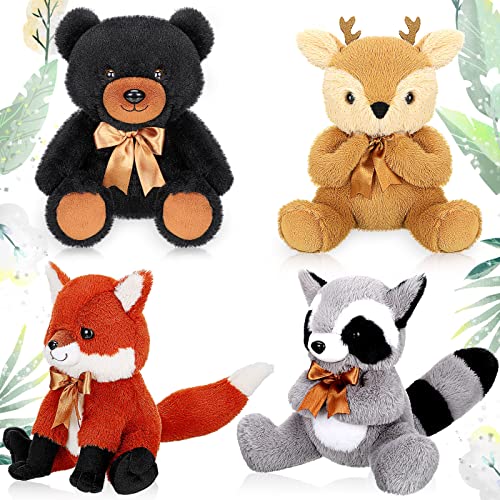 Image of Zomiboo 4 Pcs Woodland Stuffed Animal Jungle Animal Toy Set Including Plush Elk Fox Raccoon Bear Realistic Black Toy Woodland Forest Animals Mini Plush Wild Animals Toys for Birthday Easter