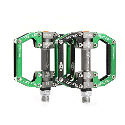Rockbros Bicycle Pedals, Lightweight, Flat Pedals, Aluminum Alloy, Road Bike, Mtb, Platform, Anti-Slip, Bearing Seal, 9/16", Set Of 2 (Black Green) #TOP3