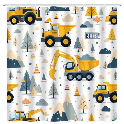 VPUPCN Construction Truck Shower Curtain Cartoon Excavator Tractor Cars Machinery Vehicle for Boys Polyester Curtains Bathroom Decor with Hooks 59