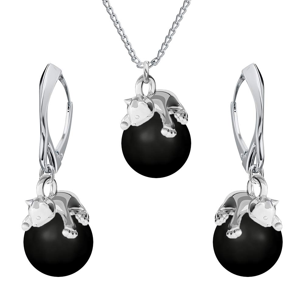Schmuckset für Damen Ohrringe Silber 925 Hängend Katze Kette Damen mit Anhänger - Schmuck Set für Sie mit Kristallen - Ohrringe Hängend und Halskette Mädchen Geschenk Frauen