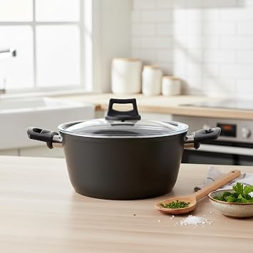 Papilla Buzz 22 cm Derin Tencere - Ye il Siyah Granit Efektli Yanmaz Yap maz Cam Kapakl  Yemek Tenceresi