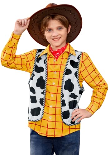 Halloween Kids 3Pcs Plaid Button Up Woody Shirt with Cowboy Vest and Red Bandana Outfit Set 4-14 Years