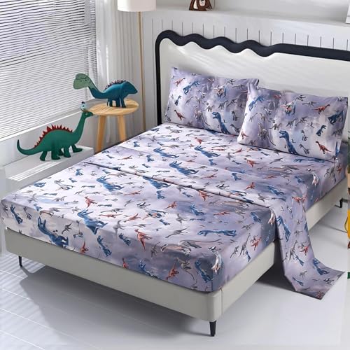 SDIII 4PCS Dark Dinosaur Sheets Full Set, Soft Microfiber Full Size Dinosaur Sheets, Cute Dino Bedding Sheet for Boys Girls Toddles Kids and Teens
