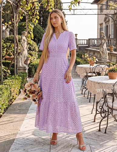 Image of ZESICA Women's 2026 Summer Short Sleeve Maxi Dress Casual V Neck Hollow Out Eyelet Ruffle Swing A Line Long Dresses