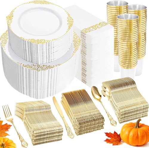 YOUBET 700PCS Gold Plastic Dinnerware Set