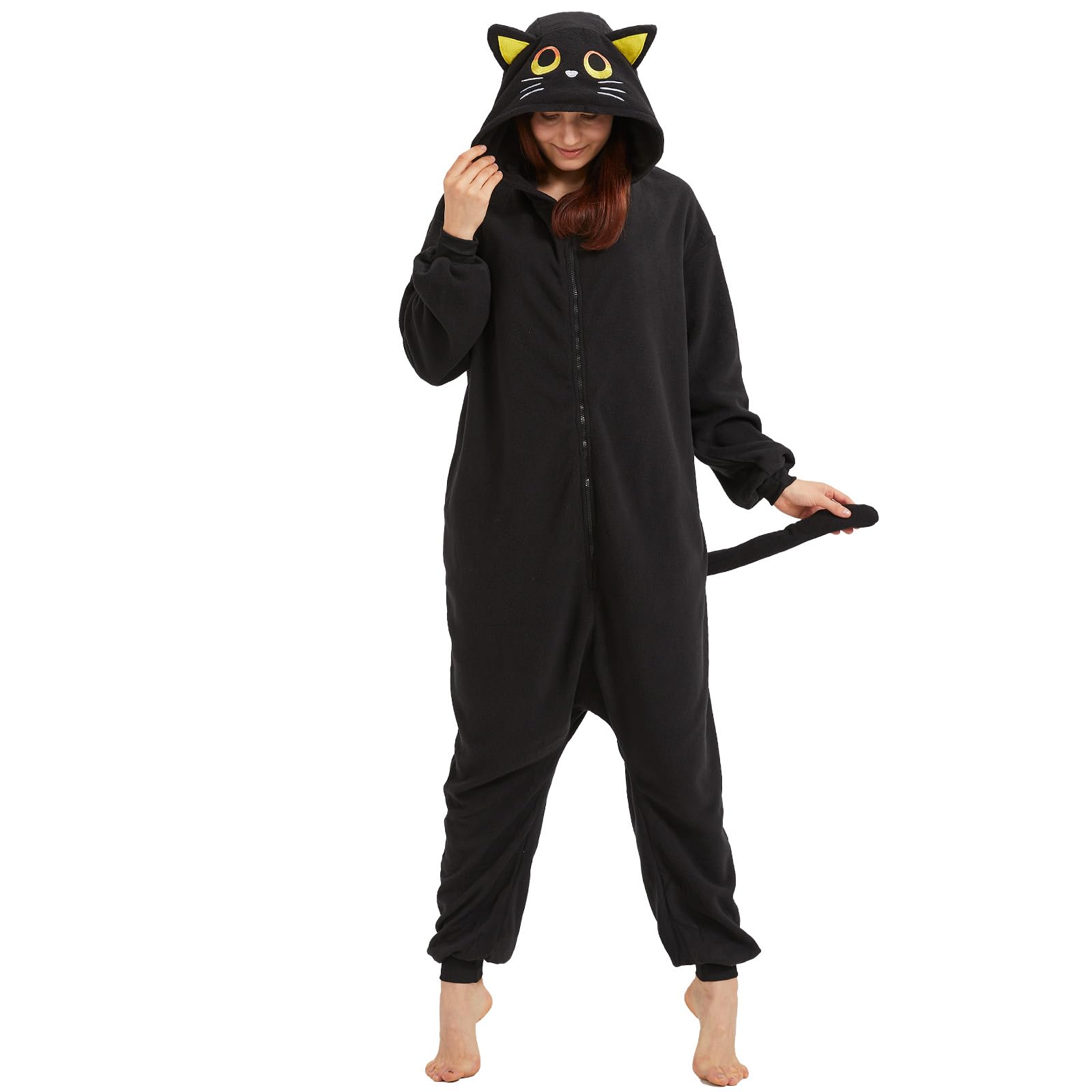 Pijamas de gato negro acogedor para adultos, disfraz de Halloween de una pieza, ropa de dormir de Navidad