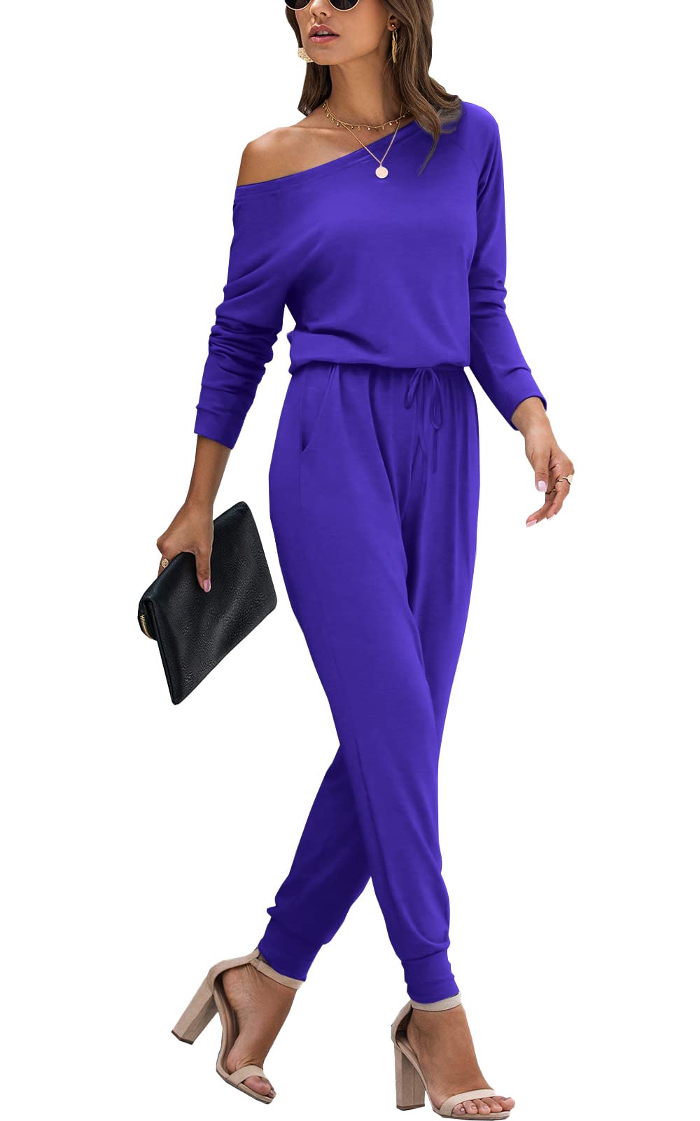 DEARCASE Damen Elegant Schulterfrei Lose Jumpsuit Kurzarm/Langarm Playsuit Dehnbar Overall Hosenanzug Elastische Taille Romper mit Taschen