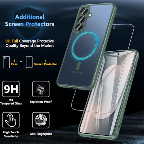 Image of OWKEY for Samsung Galaxy S25 FE Case 6.7'', Magnetic Galaxy S25 FE Case for Magsafe with Tempered Screen Protector [Shockproof Military] Translucent Matte Bumper Phone Cover Samsung S25 FE 5G, Green