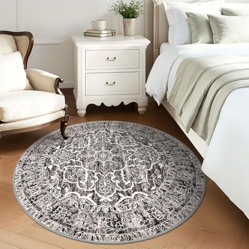 KUTA Vintage Round Rugs 5ft, Tan Grey Washable Circle Rug 5ft, Non-Slip Printed Floral Medallion Carpet for Living Room, Soft Cozy Dining Kitchen Throw for Entryway
