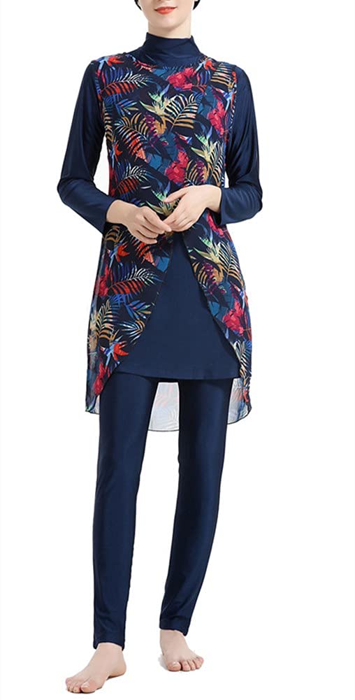 Floral Modesty Swimwear Muslim Swimsuits for Women Burkini Beachwear Tankini Swimming Suit 4 Pcs Swimming Costume (T2, L)