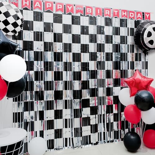 Image of Race Car Birthday Party Decoration, Including 2 Pack Black Silver Checkered Streamers, 22pcs Race Car Party Balloons & 1pcs Race Car Birthday Banner for One Happy Dude Race Car Theme Party Supplies