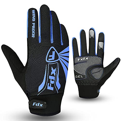 FDX Full Finger Winter Cycling Gloves, Thermal Warm, Water Resistant, Windproof, Anti- Shocking Gel Padded Palms, Touchscreen, Breathable Anti-Slip Men Women MTB, Racing, Riding, Running, (Blue L)