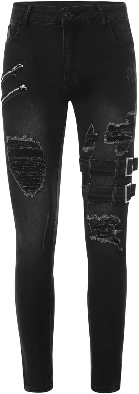 Mens Fashion Ripped Distressed Slim Fit Jeans Mid Rise Skinny Denim Pants