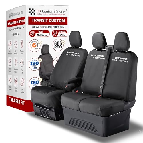 Personalised Seat Covers to fit the Ford Transit Custom 2024 On Waterproof Heavy Duty Seat Mounted Airbag Compatible Durable Easy to Fit - Tailored Driver & Double Passenger Seat Covers No Tray