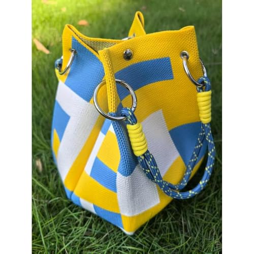 Bolso tote para mujer, bolso de cubo tejido mini, bolso tote tejido para viaje con rayas o cuadrados, bolso de ganchillo para regalos de cumpleaños y festividades miniatura 7
