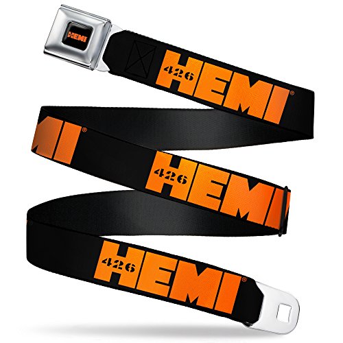 Hemi Belt, Seatbelt Buckle Belt, Hemi 426 Logo Repeat Black Orange, 44 to 63 Inches