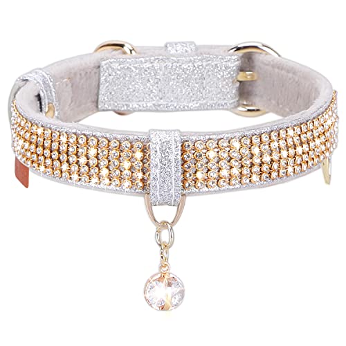 PetsHome Cat Collar, Dog Collar, [Bling Rhinestones] Premium PU Leather with Pendant Adjustable Collars for Small to Medium Dog Medium Silvery