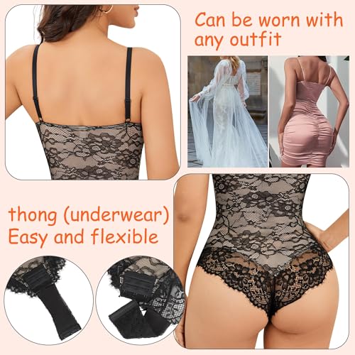 Vorcy Lace Bodysuit for Women Tummy Control Backless Top V-Neck Shapewear Bodysuit4