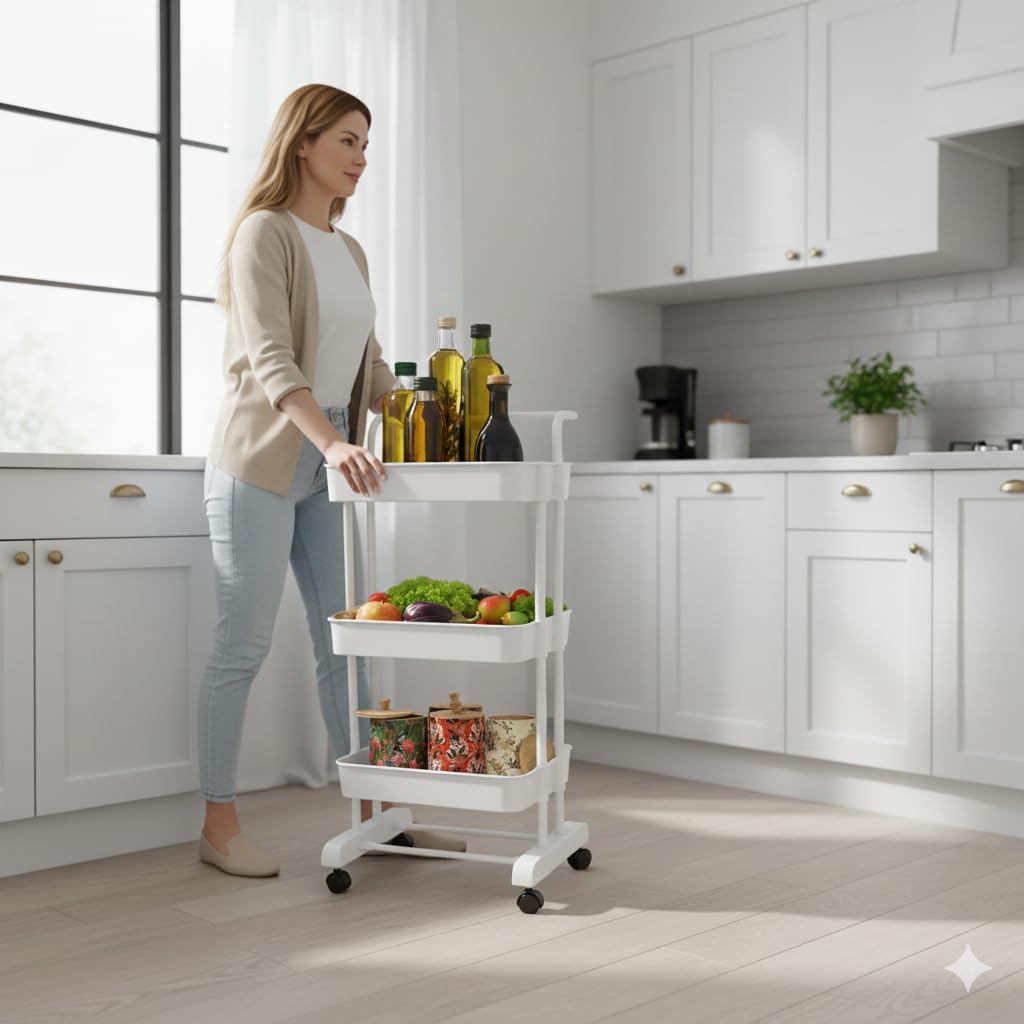 CIPLA PLAST Multipurpose 3 Tier/Layers Kitchen Trolley Rack/Shelf Utility Cart with Wheels for Vegetables and Other Stuffs Saving Home Storage Organizer Racks and Self with Wheel - White