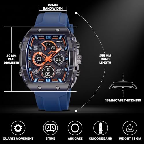 Image of V2A Impact-AXON 3103 Analog-Digital Watch for Men | Unique Tonneau Case & Multi-Layered Dial Design | Bold Fashion Performance Watch with 3 Time Zones, Countdown, 50M Water Resistance & Backlight